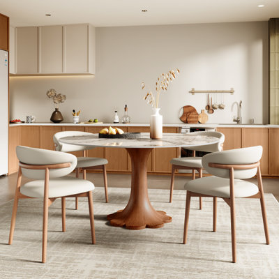 Mid-Century Modern Snow/Sand Sintered Stone Round Colyer Solid Wood Floral-Shaped Pedestal Walnut/Dark Walnut Tone (1 Table, 4/6/8 Chairs)