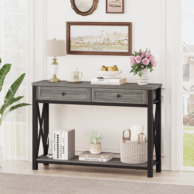 Aust 47.24'' Console Table With Drawers, Wood And Metal Sofa Table For Living Room, Industrial 2 Tier Entryway Table For Hallway, Foyer, Front Door, E