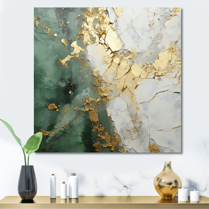 Gold And Green Paint Fusion - Abstract Painting Framed Wall Art, Gold, 36" H x 36" W, Floater Framed Print