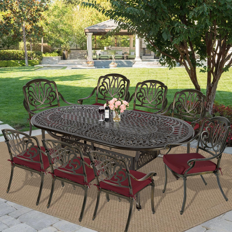 8 - Person Patio Dining Set with Oval Table , Cushions Included, Chili Red