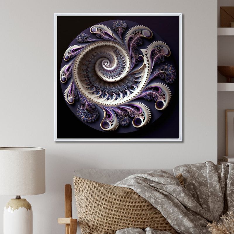 Mandala galactique mauve fractal I, Cadre flottant blanc, H 24 po x l 24 po x P 1 po