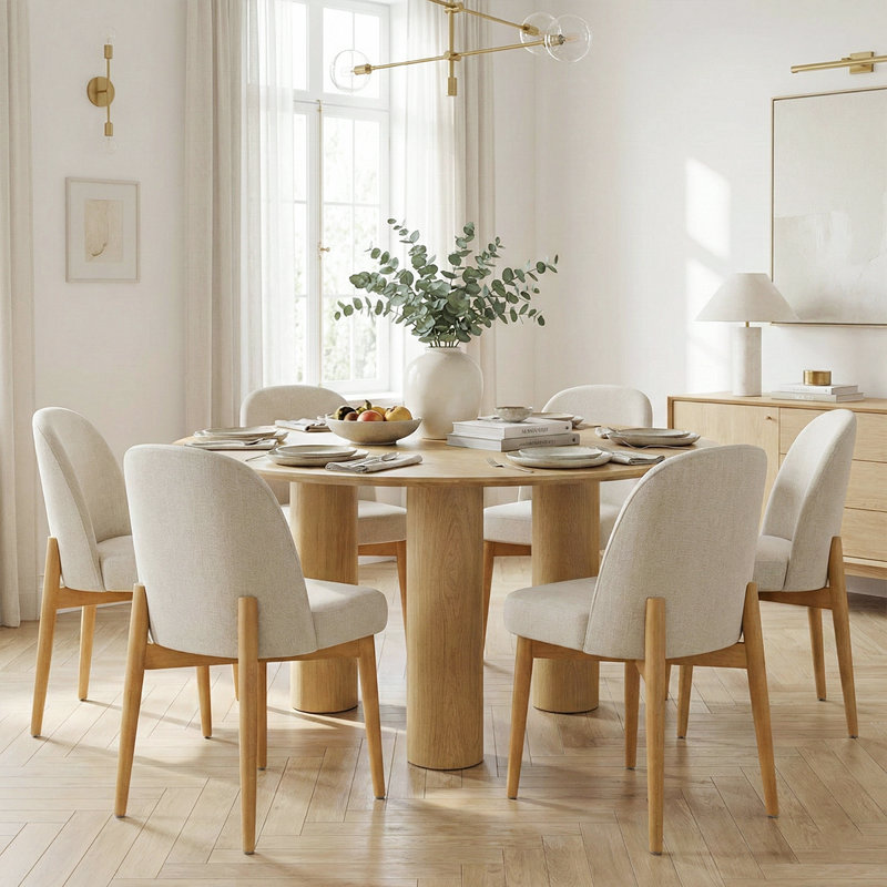 52" Round Solid Oak Wood Dining Table with 3 Sculptural Pillar Legs, Natural