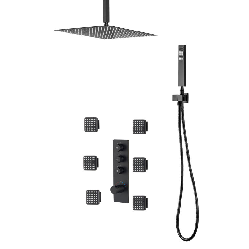Ensemble de robinet de douche, système de douche de pluie thermostatique de plafond de 16 pouces avec 6 jets de corps et douchette, tête de pluie rotative complète à 3 fonctions et ensemble de garniture, noir mat
