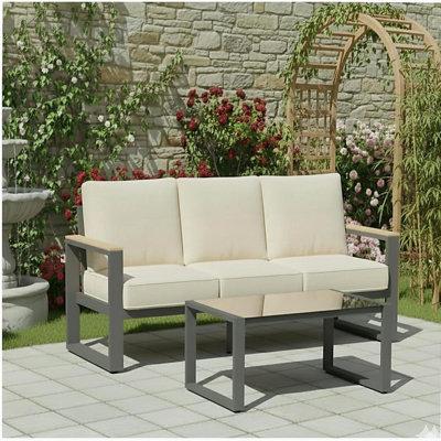 Ensemble de canapé d'extérieur 2 pièces 3 pièces, canapé d'extérieur en aluminium 3 places 75 "avec coussins beiges épais et table basse en verre 44"