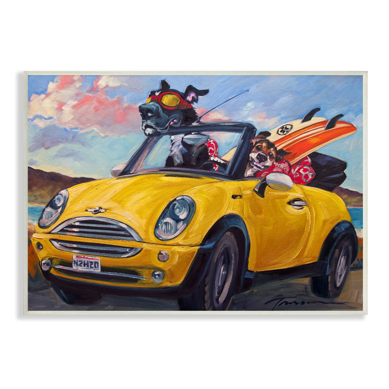 Voiture de plage convertible jaune avec chiens de compagnie par CR Townsend - Peinture, H 13 po x l 19 po x P 0,5 po