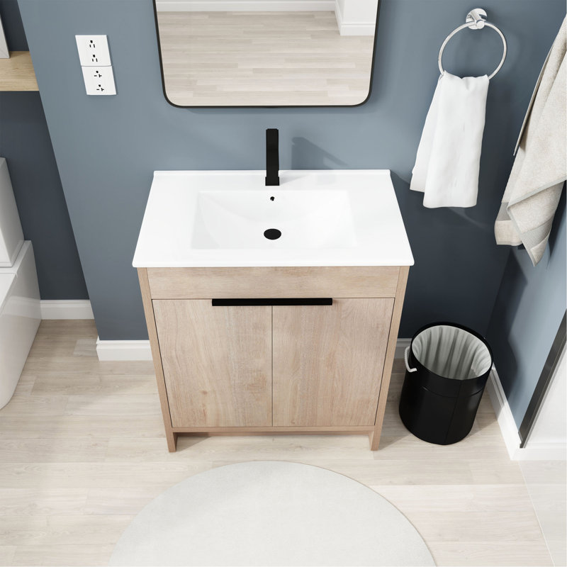 Meuble-lavabo autoportant de 30 pouces avec lavabo en céramique blanche et 2 portes d'armoire à fermeture en douceur