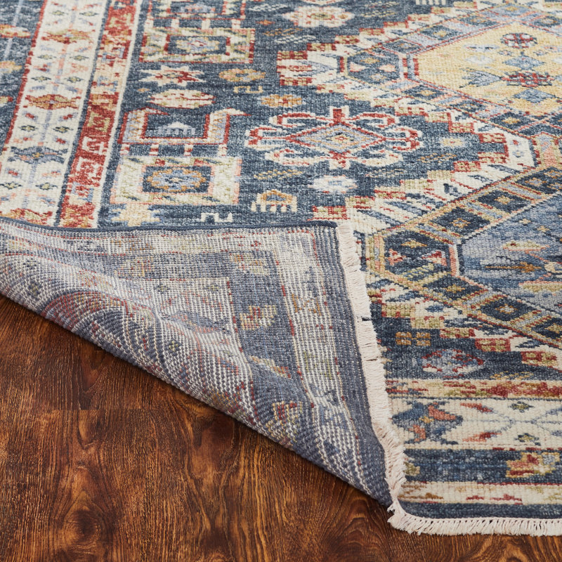 Pepa Hand Knotted Wool Area Rug, Rectangle 12' x 15', Blue/Ivory
