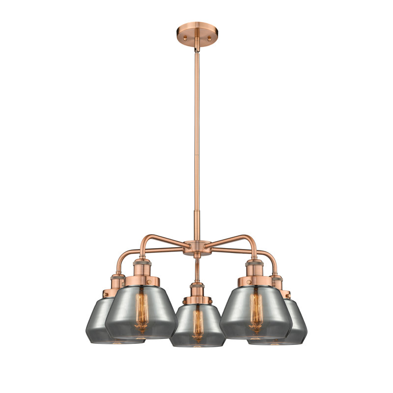 Lustre bol à 5 lumières en verre Fulton, Plaqué couleur fumée, Cuivre antique
