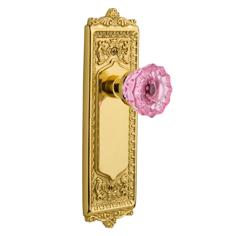 Egg & Dart Plate avec bouton de porte rose cristal, Laiton non laqué