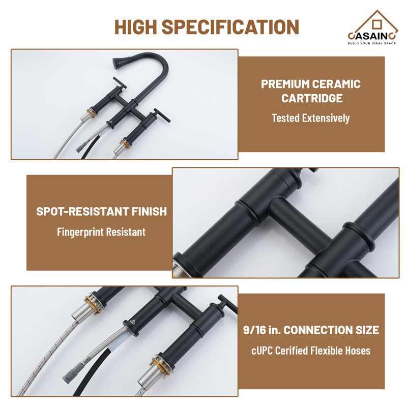 Matte Black Stainless Steel Bridge Kitchen Faucet with Pull-out Spray