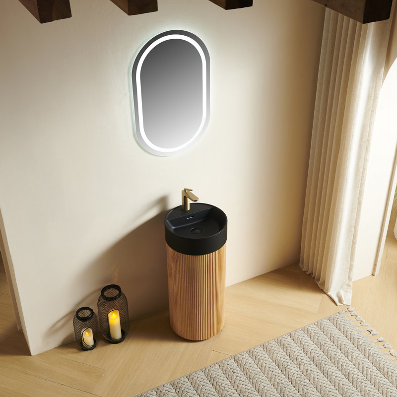 Meuble-lavabo cylindrique autoportant de 16 po, armoire à colonne cannelée en bois massif avec vasque ronde à surface solide, meuble-lavabo à piédestal scandinave moderne pour petite salle de bain, 2 options de finition de lavabo et 2 de finition bois, robinet et drain non inclus