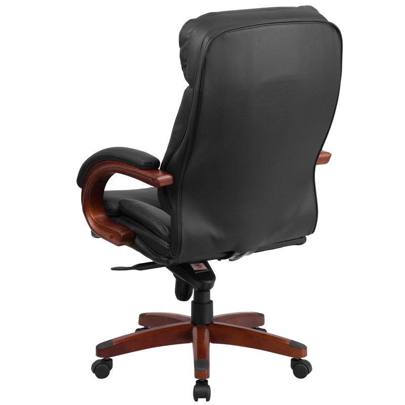 High Back Black Leather Executive Swivel Office Chair with Mahogany Wood Base
