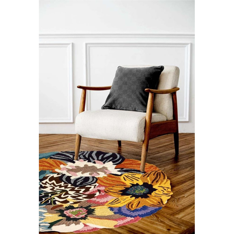 Biborka Yellow Floral Digital Print Cotton Polyester Non-Slip Area Rug, Rond 3 pi 3 po