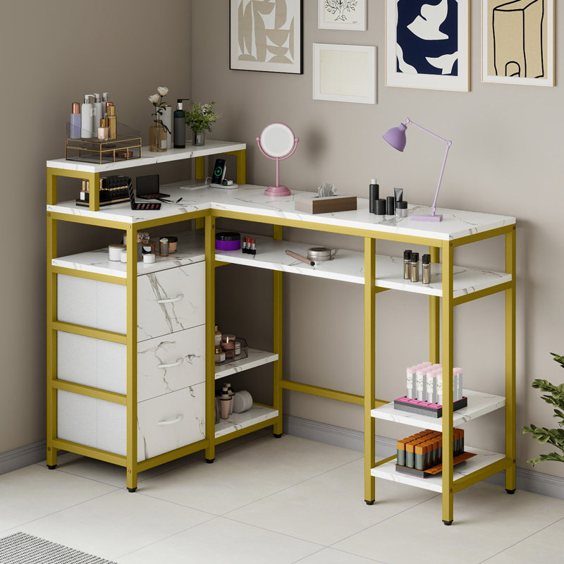 Table de manucure en L 47,2 po, bureau à clou texturé avec prises de courant et 3 tiroirs
