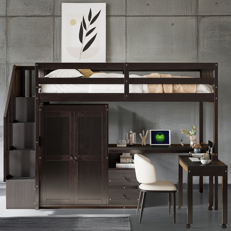 Lit mezzanine avec escalier, Lit simple, Espresso