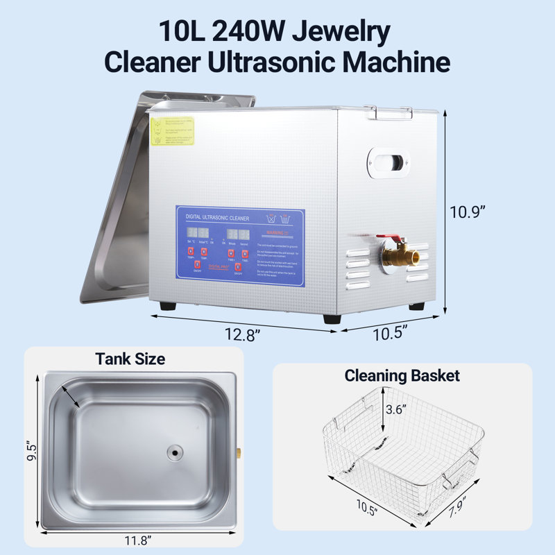 Nettoyeur à ultrasons 10 L avec fonction chauffante, 240 W, 40 kHz, acier inoxydable 304, argent