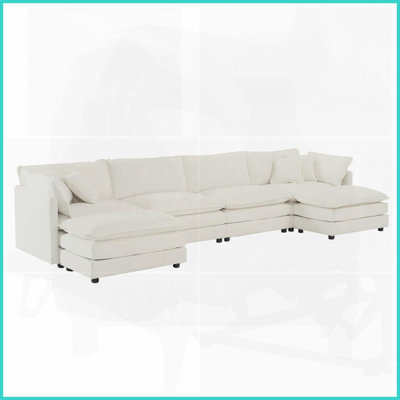 Canapé modulaire moderne en U en chenille blanc avec méridienne réversible et amp; 2 repose-pieds - Idéal pour le salon