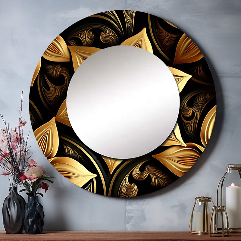 Samit Golden Lily On Black II - grand miroir mural, miroir mural rond doré, impression sur métal, 36 po x 36 po