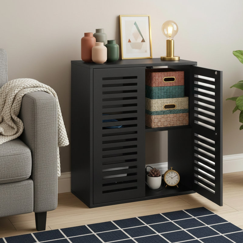 27" Wide Wifi Router Storage Cabinet And Cable Management Box - Walnut, Black