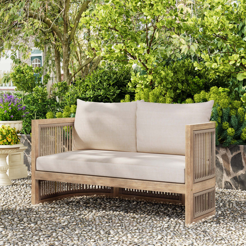 Rona Outdoor Acacia Wood Woven Rope Loveseat With Cushions