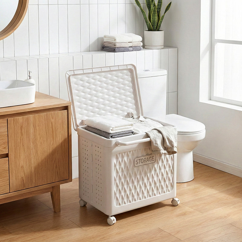 Foldable Laundry Basket with Wheels, 48cm H x 47.5cm W x 38cm D, White