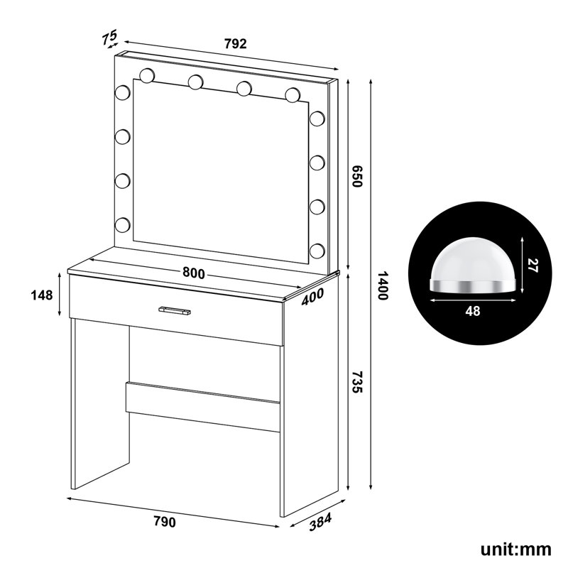 80x40x140cm Makeup Vanity Desk with Lights,A slide drawer Large Mirror,USB Outlet, Black