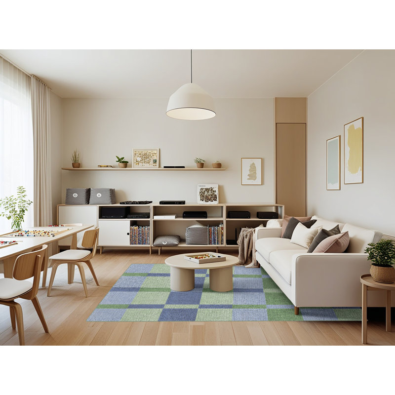Tapis géométrique bleu / vert Zak, Rectangle 7 pi x 9 pi