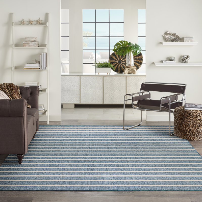 Rectangle Shaila Indoor/Outdoor Area Rug, Rectangle 9' x 12', Navy Blue/Ivory