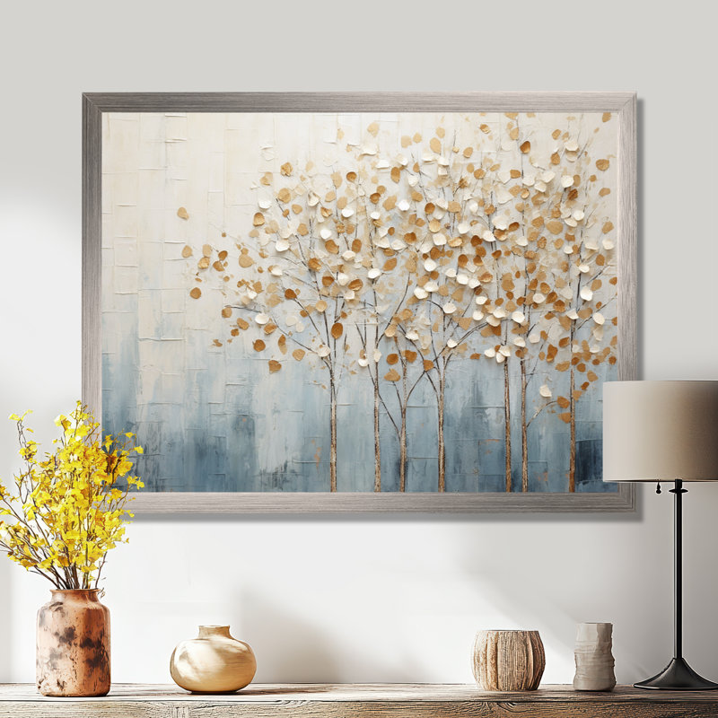 Harmonie d'arbres dorés et bleus V - Arbres, reproductions encadrées, H 12 po x l 20 po x P 1 po, Cadre simple argenté