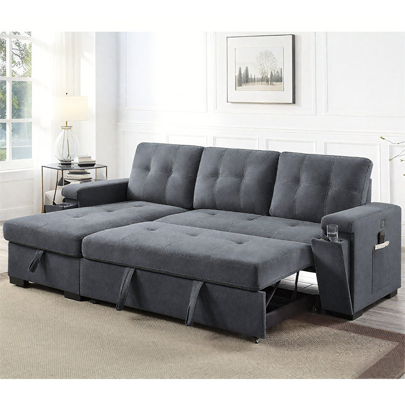 95" Woven Fabric Reversible Sleeper Sectional Sofa With Storage Chaise Cup Holder Charging Ports And Pockets, Gray