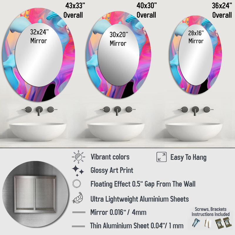 Paint Fusion V - Grand miroir mural ovale sur métal, H 36 po x l 24 po