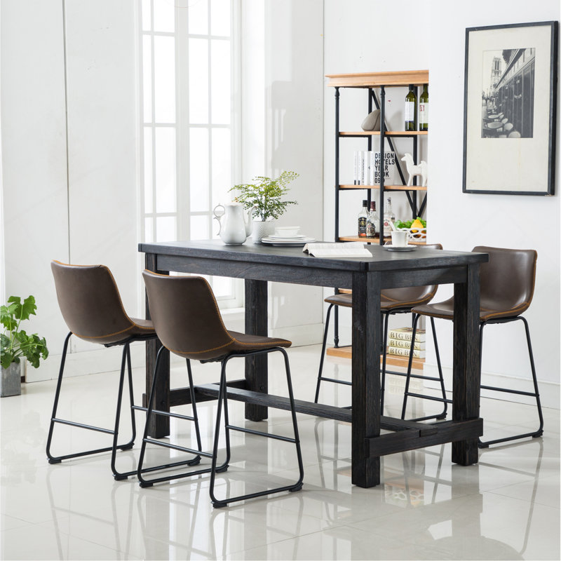 Ensemble de salle à manger à hauteur de comptoir en bois antique: table et quatre chaises, brun, Brun