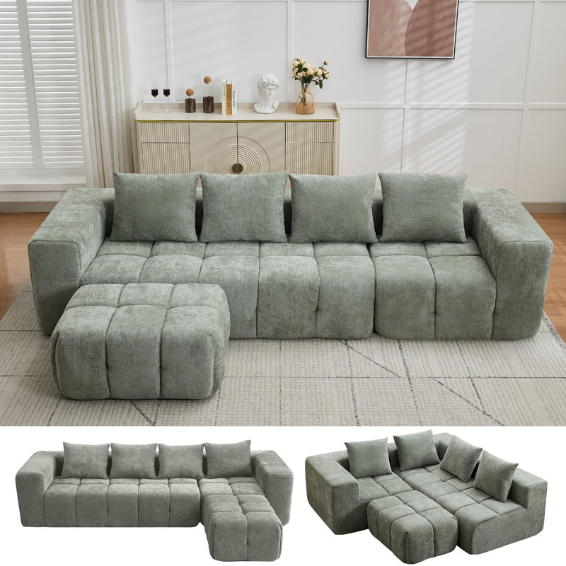 Modular Chenille Cloud Sofa, 3-Piece Boneless L-Shape Sectional with Ottoman, No Assembly, Green Chenille