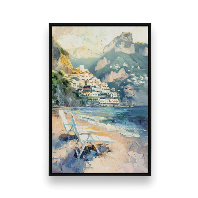 «Positano Beachfront Idyll on Canvas» par Azure Artisanal Studio, reproduction, Reproduction avec cadre flottant, Noir satiné