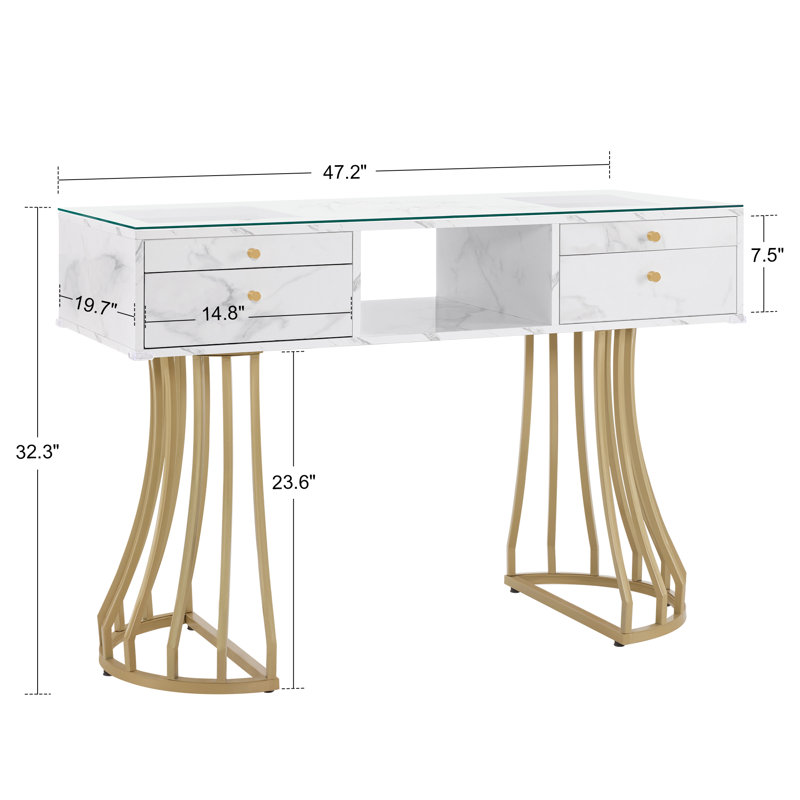 Table de manucure moderne Deshawn avec plateau en verre, structure en métal, bureau de maquillage pour coiffeuse