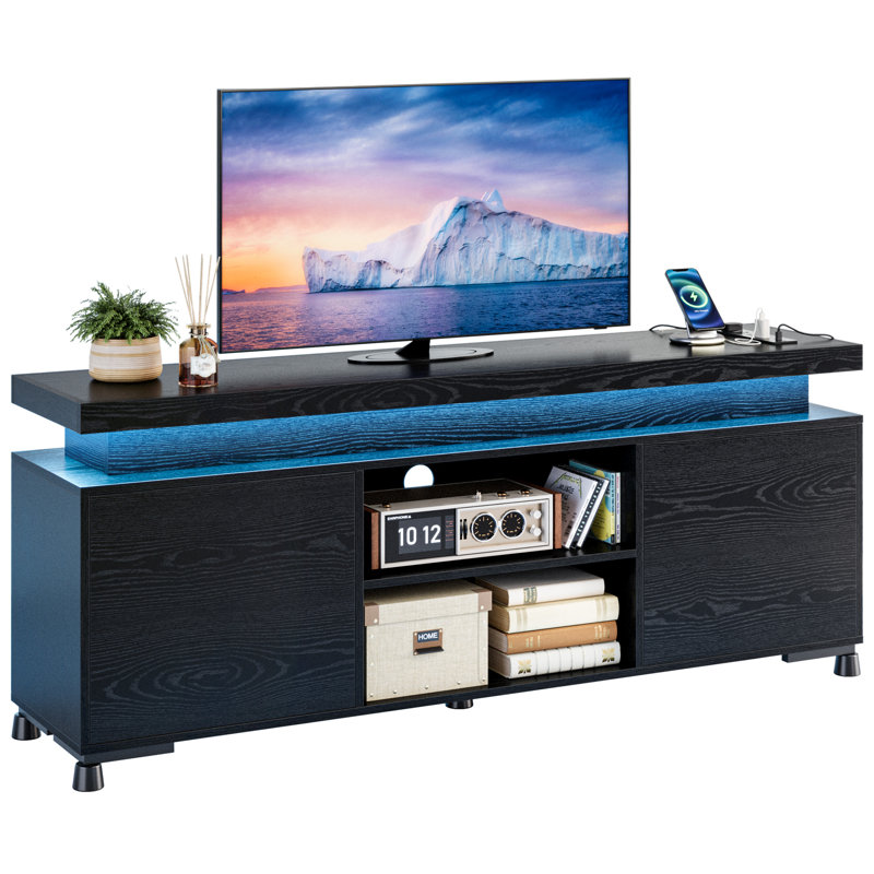 TV Stand for TVs 65+ Inch with LED Light, Power Outlet and Doors, 59"