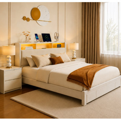 Lit double tapissier pleine grandeur avec tiroirs, tête de lit tapissier avec rangement, barre transversale en métal robuste, lumières DEL et charge USB, conception silencieuse, beige, matelas non inclus