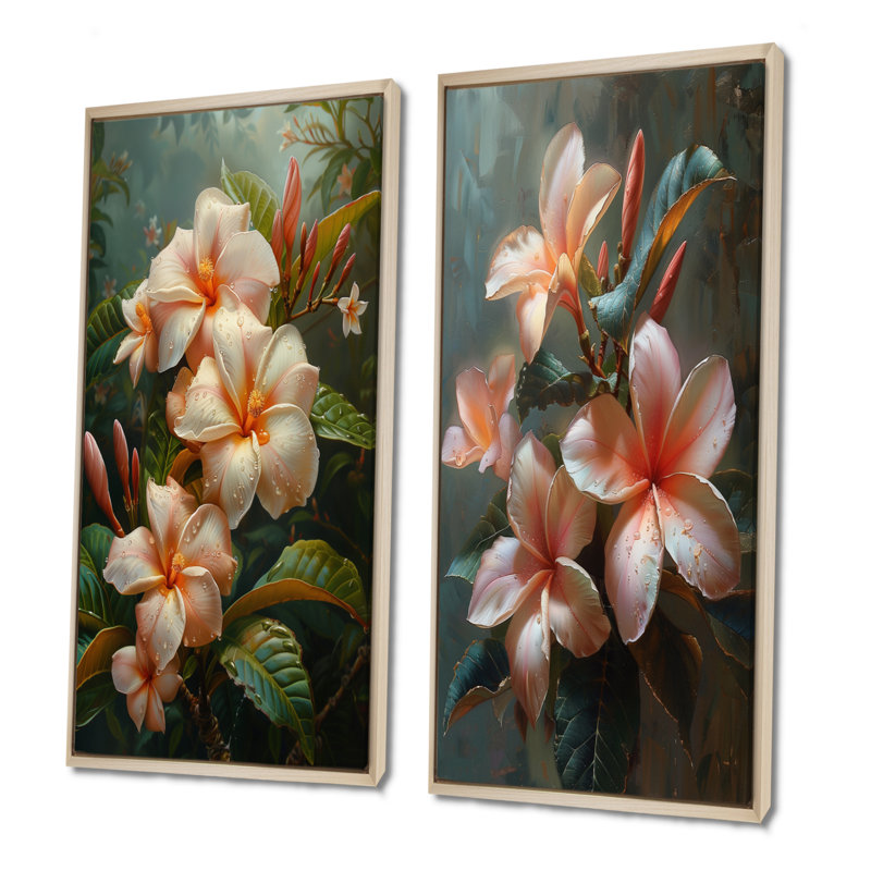 Ensemble de 2 pièces d'art mural roses et blanches tropicales Plumeria I, H 28 po x l 24 po, Impression encadrée, Érable
