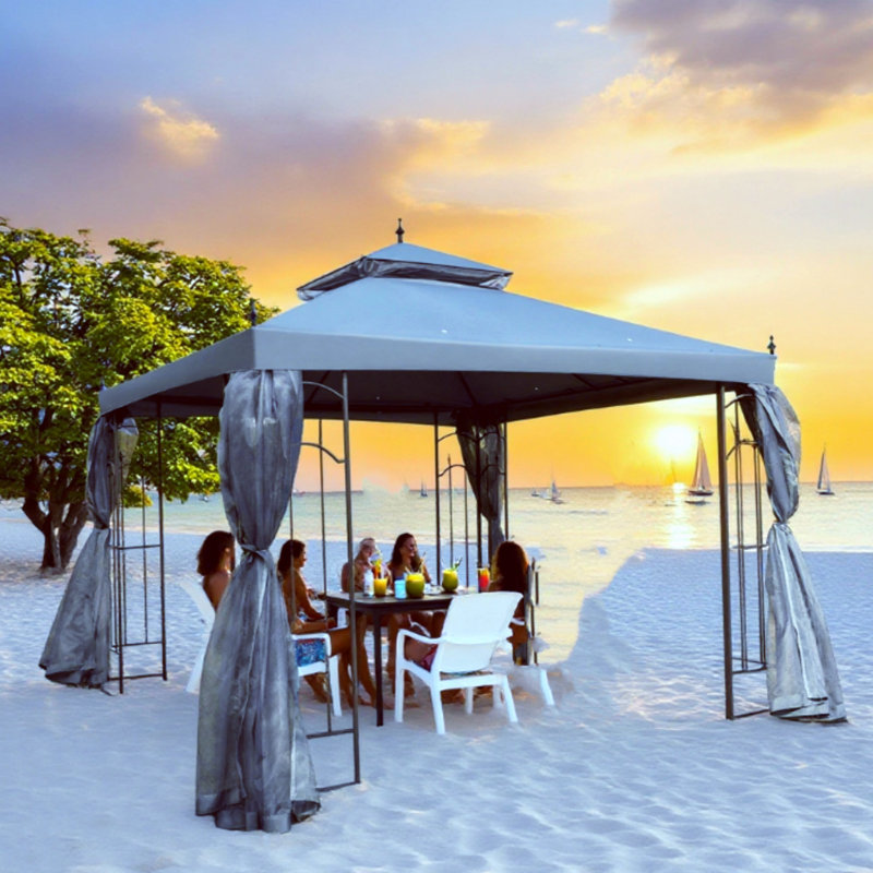 Patio Gazebo With Tripod Frame, Double-Roof Outdoor Canopy With Protective Netting, Deep Grey