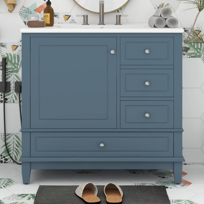 Meuble-lavabo sur pied 36 po avec lavabo en céramique, panneau de fibres à densité moyenne et base en bois massif, 3 tiroirs et armoire