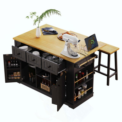 Kitchen Island With Drop Leaf, Power Outlet, Door Internal Storage Rack, Rolling Kitchen Cart On 5 Wheels With 5 Open Side Racks For Kitchen, Dining Room(Not Include Bar Stools)