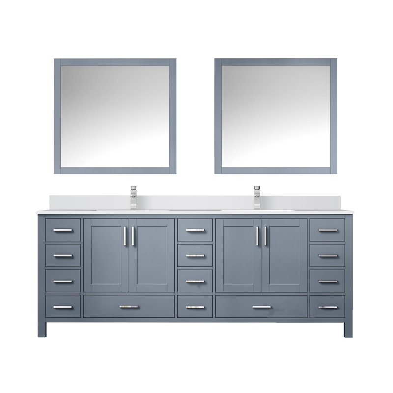 Jacques 84 in. W x 22 in. D Double Bath Vanity, Faucet Set, & 34 in. Mirrors, White Quartz, Dark Grey