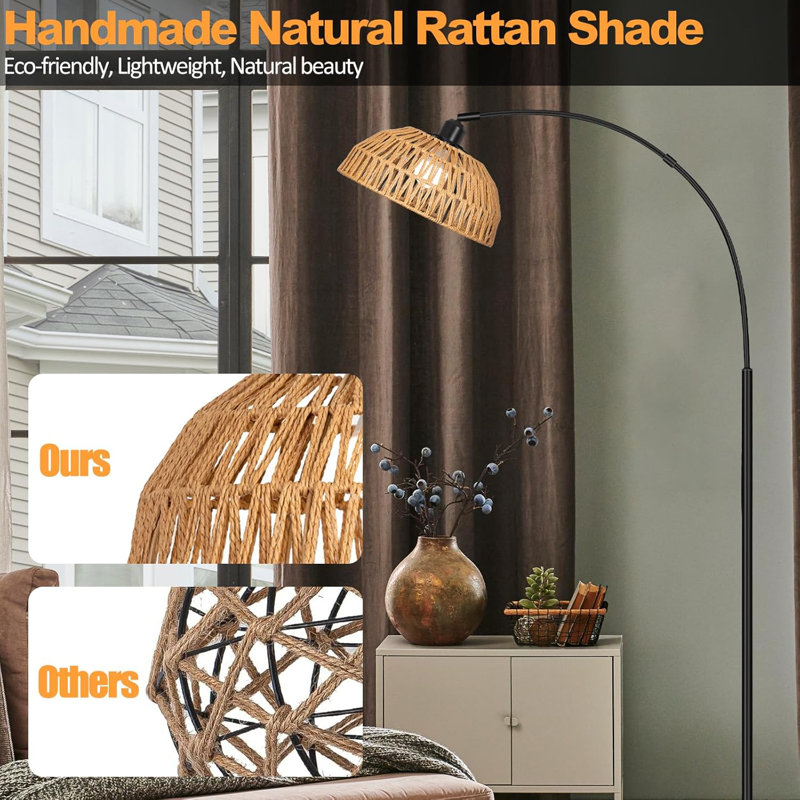 Lampe sur pied Boho Bronze avec abat-jour réglable en rotin, télécommande et gradateur