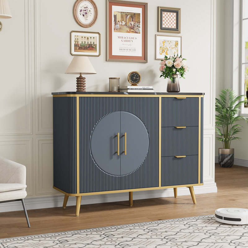 47.3" Modern Buffet Cabinet With Storage, Kitchen Sideboard Buffet With 2 Door & 3 Drawers, Fluted Coffee Bar Storage Cabinet For Dining Room, Living Room, Entryway, Navy Blue