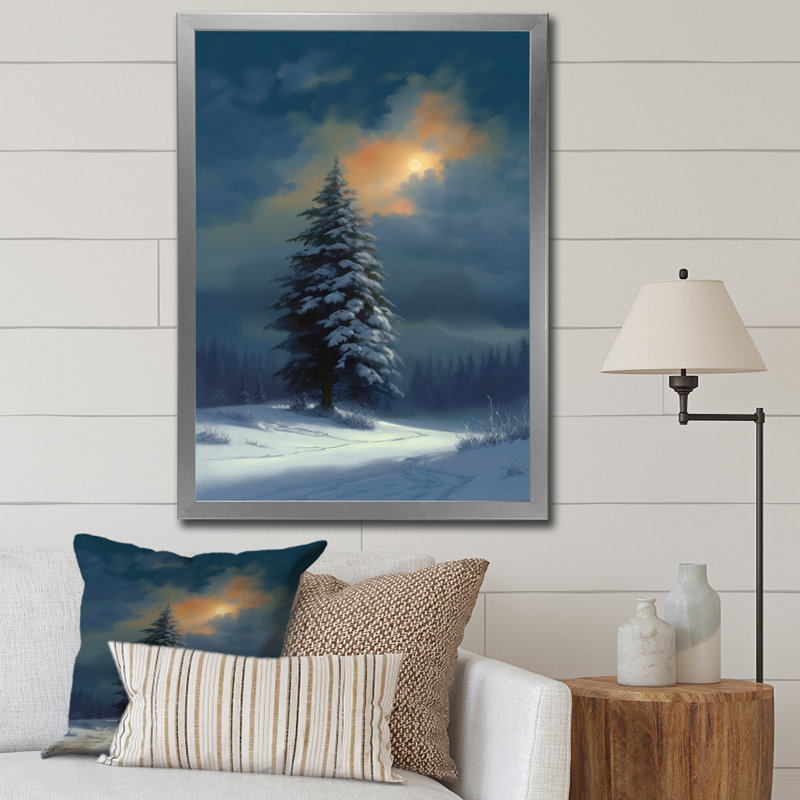 «Snowy Serenity Pinetree II», reproduction d'art sur toile, Cadre simple argenté, H 44 po x l 34 po x P 1,5 po