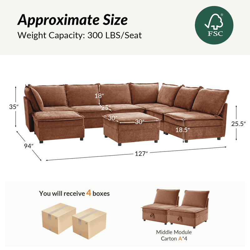 Cheltenham 127"W Modern 8-Piece Extra-Wide Storage Sectional Sofa with Ottoman, Charcoal 