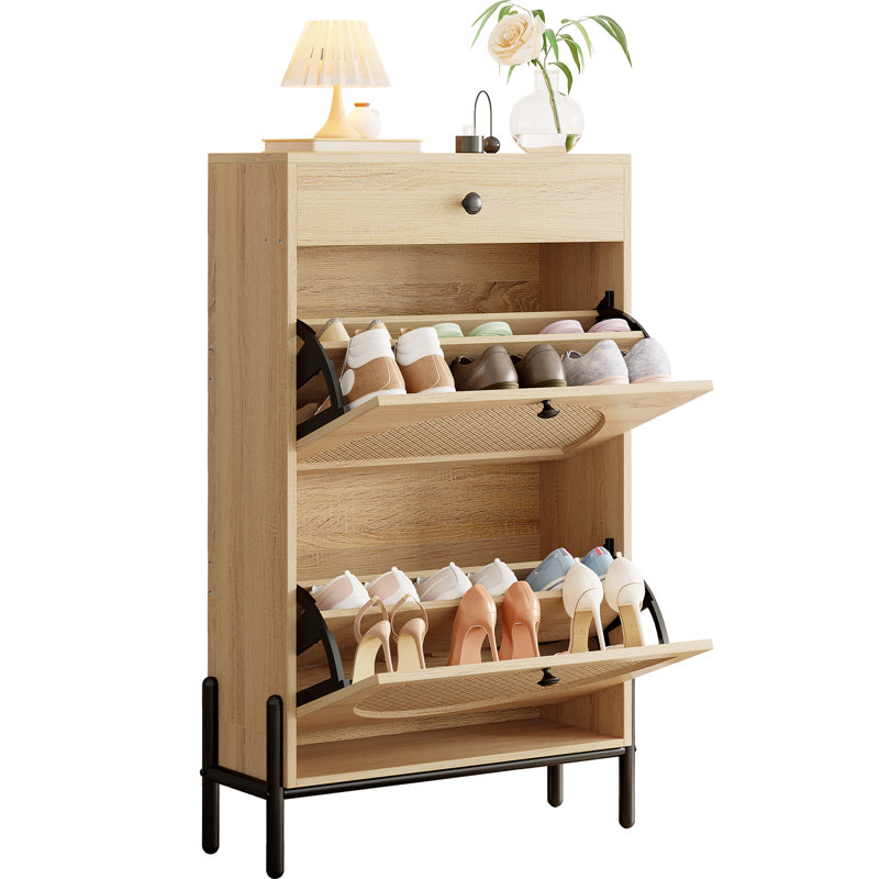 Rattan Shoe Storage Cabinet with 2 Flip Doors and 1 Drawer, 3-Tier Adjustable Shelves for Entryway, Oak