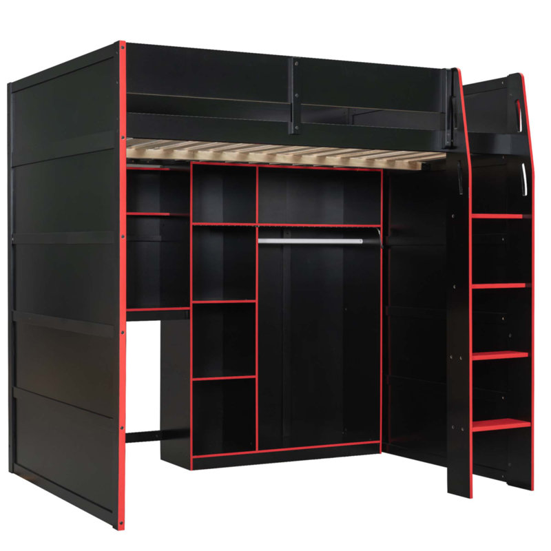Lit mezzanine double en bois avec bureau