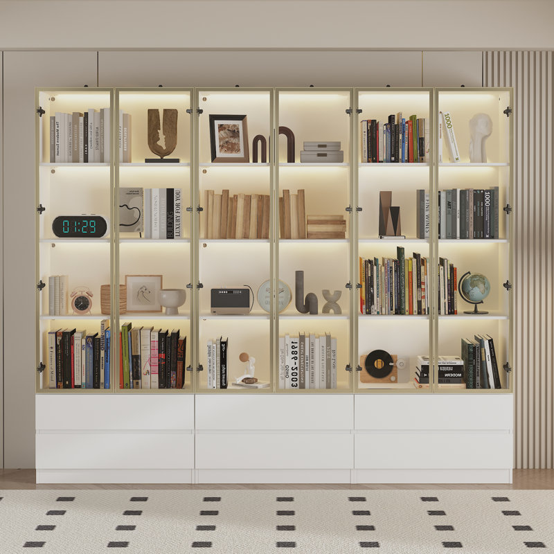 78.7'' H X 94.5'' W 6-Drawer 4-Tier Display Bookcase With Glass Doors And LED Light, White