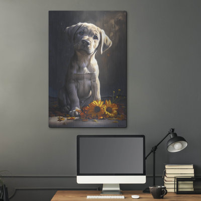 «Cute Puppy With Orange Flowers Dog Course» par Momart, art mural en métal